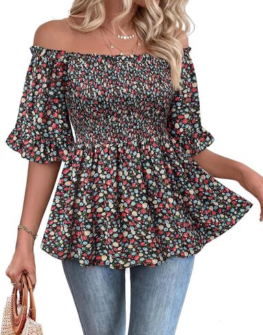 Off The Shoulder Peplum Blouses for Women Dressy Casual Smocked Summer Tops Boho Vacation in Saudi Arabia