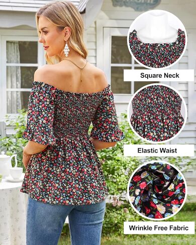 Off The Shoulder Peplum Blouses for Women Dressy Casual Smocked Summer Tops Boho Vacation in Saudi Arabia