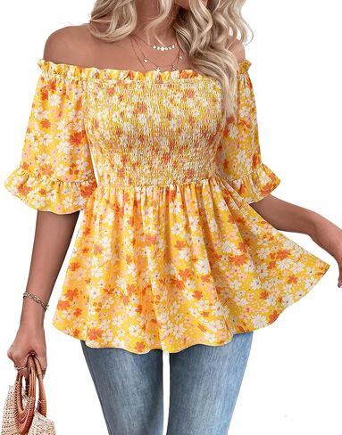 Off The Shoulder Peplum Blouses for Women Dressy Casual Smocked Summer Tops Boho Vacation in Saudi Arabia
