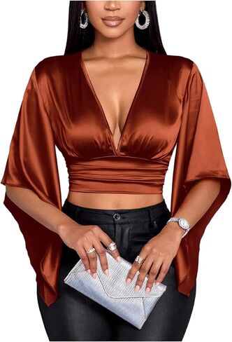 WDIRARA Women's Deep V Neck Cut Out Knot Satin Blouse Asymmetrical Ruffle Sleeve Ruched Crop Tops in Saudi Arabia