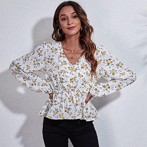 Women's Floral Print V Neck Long Sleeve Peplum Blouse, Ruffle Hem Casual Flared Tops in Saudi Arabia