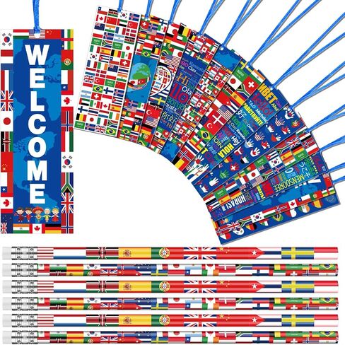 Supervitae 90 Pcs/ 30 Sets International World Flags Party Favor Include 60 Flags of Nations Bookmark 30 Pencil for Travel Trip Around Globe Party School Sports Event Festival Decor in Kuwait