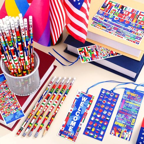 Supervitae 90 Pcs/ 30 Sets International World Flags Party Favor Include 60 Flags of Nations Bookmark 30 Pencil for Travel Trip Around Globe Party School Sports Event Festival Decor in Kuwait