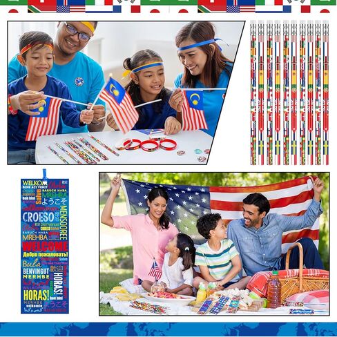Supervitae 90 Pcs/ 30 Sets International World Flags Party Favor Include 60 Flags of Nations Bookmark 30 Pencil for Travel Trip Around Globe Party School Sports Event Festival Decor in Kuwait