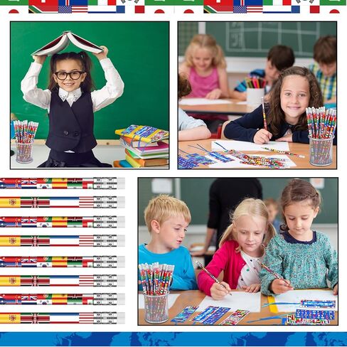 Supervitae 90 Pcs/ 30 Sets International World Flags Party Favor Include 60 Flags of Nations Bookmark 30 Pencil for Travel Trip Around Globe Party School Sports Event Festival Decor in Kuwait