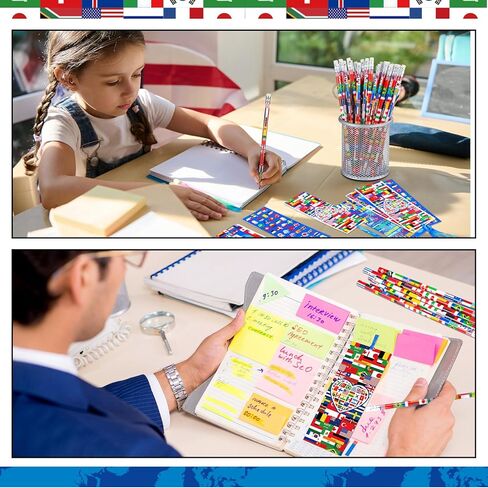 Supervitae 90 Pcs/ 30 Sets International World Flags Party Favor Include 60 Flags of Nations Bookmark 30 Pencil for Travel Trip Around Globe Party School Sports Event Festival Decor in Kuwait