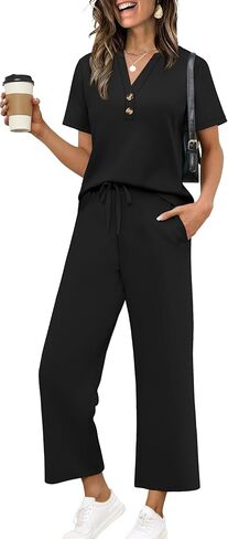 OFEEFAN 2 Piece Sets for Women Spring Fashion Beach Vacation Cruise Outfit Dressy Casual Wide Leg Crop Pants Resort Wear in Saudi Arabia