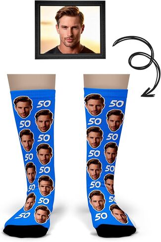 Bleu Reign قم بتحميل جوارب عيد ميلاد مخصصة لوجهك - جوارب صور شخصية مع رقم - هدية مضحكة لأعياد الميلاد المميزة، والحفلات، والذكرى السنوية، وعيد الميلاد in Kuwait