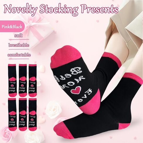 6 أزواج من الجوارب النسائية المرحة، جوارب هدايا عيد الأم، هدايا عيد ميلاد الأم، هدايا مبتكرة للأم، عيد الأم، عيد الميلاد، عيد الحب (وردي وأسود) in Kuwait