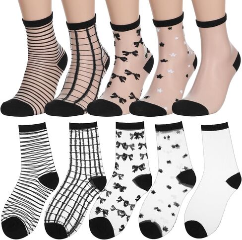 5 Pairs Black Sheer Ankle Socks, Sheer Socks Women, Striped Sheers Dot Sock Striped Plaid Cute Thin Lace See For Women Girls in Saudi Arabia