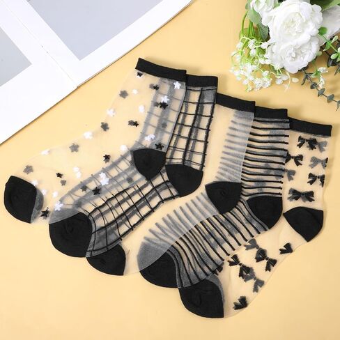 5 Pairs Black Sheer Ankle Socks, Sheer Socks Women, Striped Sheers Dot Sock Striped Plaid Cute Thin Lace See For Women Girls in Saudi Arabia