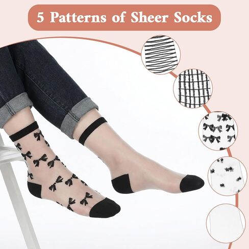 5 Pairs Black Sheer Ankle Socks, Sheer Socks Women, Striped Sheers Dot Sock Striped Plaid Cute Thin Lace See For Women Girls in Saudi Arabia