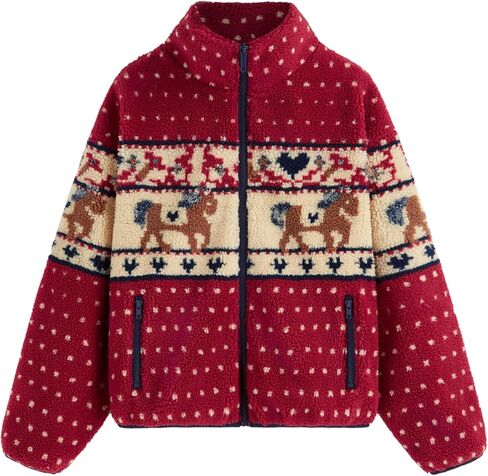 CIDER Fleece Jacket Animal Pattern Oversized Zip Up Sweater Stand Neck Long Sleeve Winter Outerwear in Saudi Arabia