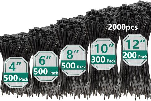 2000 قطعة من أربطة الرمز البريدي بأحجام متنوعة 4+6+8+10+12 بوصة أربطة كبل نايلون ذاتية القفل شديدة التحمل في الهواء الطلق، أشرطة سلكية مقاومة للأشعة فوق البنفسجية للمنزل والمكتب والحديقة وورش العمل الداخلية والخارجية (أسود) in Kuwait