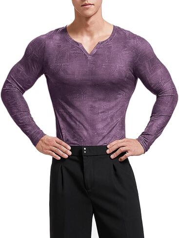 Men's Floral V Neck Long Sleeved T-Shirt with Smoothy & See Through Fabric for Vacation Beach Club Wear in Saudi Arabia