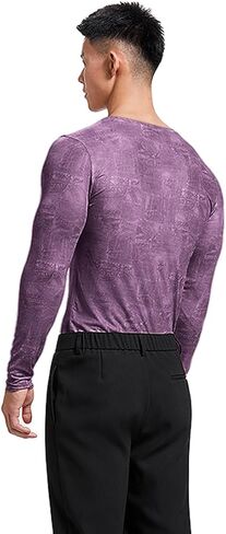 Men's Floral V Neck Long Sleeved T-Shirt with Smoothy & See Through Fabric for Vacation Beach Club Wear in Saudi Arabia