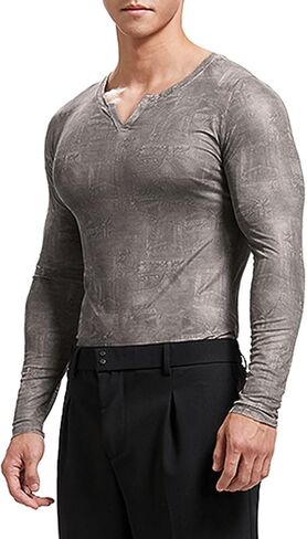 Men's Floral V Neck Long Sleeved T-Shirt with Smoothy & See Through Fabric for Vacation Beach Club Wear in Saudi Arabia