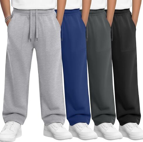 4 Pack Boys Sweatpants Straight Leg Athletic Elastic Waist Pants Open Bottom Active Joggers with Pockets 6-16 Years in Saudi Arabia