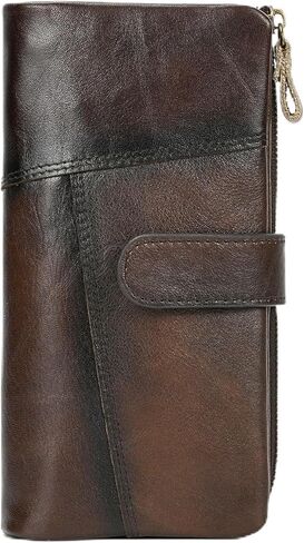 محفظة طويلة من الجلد الطبيعي للرجال بسحاب للعملات المعدنية وجيب وبطاقة دفتر شيكات ومحفظة ذات سعة كبيرة، قهوة in Kuwait