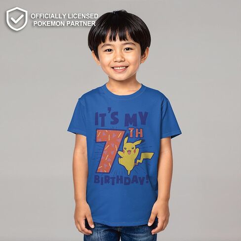 Pokemon Boys' 7th Birthday T-Shirt - Youth X-Large - Pikachu Graphic Tee - Royal Blue - 'It's My B-Day' - Officially Licensed in Saudi Arabia