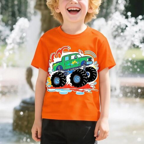 Boys Monster Truck Car Graphic T Shirt Short Sleeve Crew Neck Cotton Tee Print Casual Outdoor Play Summer Top in Saudi Arabia