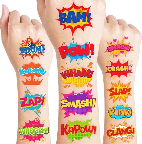 96 PCS Comic Pre-Cut Temporary Tattoos for Kids | Super Cute Pow Wow Boom Zap Themed Birthday Party Favors, Supplies, Decorations, Fake Tattoo Stickers, School Rewards Gifts for Boys & Girls in Kuwait