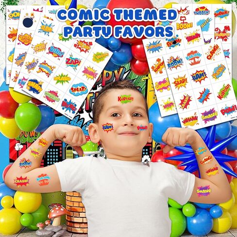 96 PCS Comic Pre-Cut Temporary Tattoos for Kids | Super Cute Pow Wow Boom Zap Themed Birthday Party Favors, Supplies, Decorations, Fake Tattoo Stickers, School Rewards Gifts for Boys & Girls in Kuwait