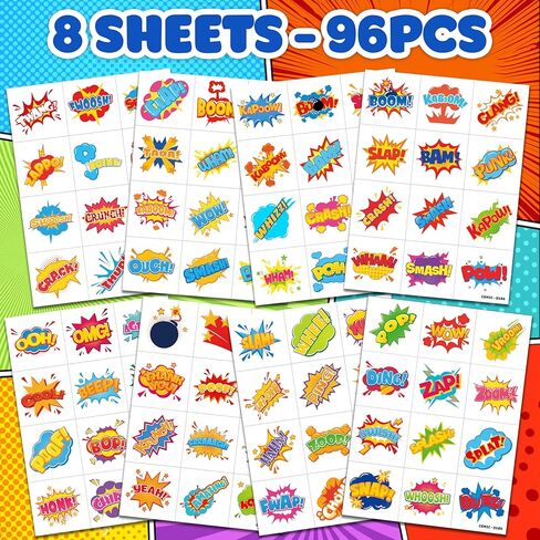 96 PCS Comic Pre-Cut Temporary Tattoos for Kids | Super Cute Pow Wow Boom Zap Themed Birthday Party Favors, Supplies, Decorations, Fake Tattoo Stickers, School Rewards Gifts for Boys & Girls in Kuwait