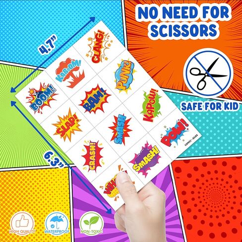 96 PCS Comic Pre-Cut Temporary Tattoos for Kids | Super Cute Pow Wow Boom Zap Themed Birthday Party Favors, Supplies, Decorations, Fake Tattoo Stickers, School Rewards Gifts for Boys & Girls in Kuwait