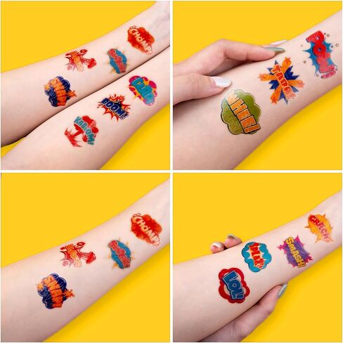 96 PCS Comic Pre-Cut Temporary Tattoos for Kids | Super Cute Pow Wow Boom Zap Themed Birthday Party Favors, Supplies, Decorations, Fake Tattoo Stickers, School Rewards Gifts for Boys & Girls in Kuwait