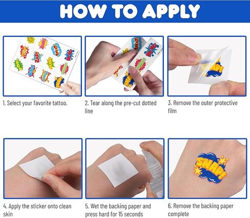 96 PCS Comic Pre-Cut Temporary Tattoos for Kids | Super Cute Pow Wow Boom Zap Themed Birthday Party Favors, Supplies, Decorations, Fake Tattoo Stickers, School Rewards Gifts for Boys & Girls in Kuwait
