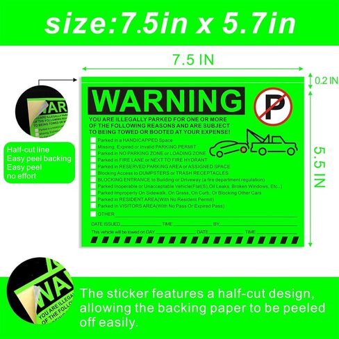ملصقات تحذيرية لوقوف السيارات غير القانوني - إشعارات انتهاك مواقف السيارات باللون الأخضر النابض بالحياة - لاصق الصقها وانسىها - 50 قطعة من ملصقات انتهاك مواقف السيارات الخاصة لنوافذ السيارات - مقاس 5.5 × 7.5 بوصة. in Kuwait