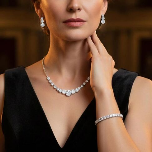 Silver Jewelry Set for Women, Necklace Earring Bracelet Set, Bridal Wedding Jewelry for Brides and Bridesmaids, Elegant Prom Party Costume Accessories Gift in Kuwait