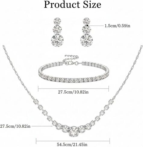 Silver Jewelry Set for Women, Necklace Earring Bracelet Set, Bridal Wedding Jewelry for Brides and Bridesmaids, Elegant Prom Party Costume Accessories Gift in Kuwait