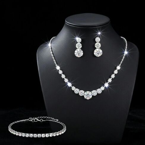 Silver Jewelry Set for Women, Necklace Earring Bracelet Set, Bridal Wedding Jewelry for Brides and Bridesmaids, Elegant Prom Party Costume Accessories Gift in Kuwait