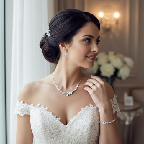 Silver Jewelry Set for Women, Necklace Earring Bracelet Set, Bridal Wedding Jewelry for Brides and Bridesmaids, Elegant Prom Party Costume Accessories Gift in Kuwait