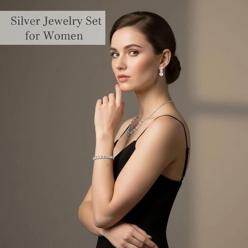 Silver Jewelry Set for Women, Necklace Earring Bracelet Set, Bridal Wedding Jewelry for Brides and Bridesmaids, Elegant Prom Party Costume Accessories Gift in Kuwait
