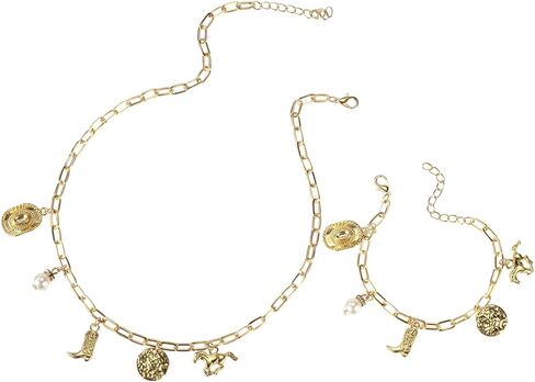 Western Cowboy Necklace & Bracelet Set for Women, Gold Alloy Cowboy Hat Boot Pendant Necklace Trendy Cowgirl Themed Jewelry for Country Concert Western Outfit in Saudi Arabia