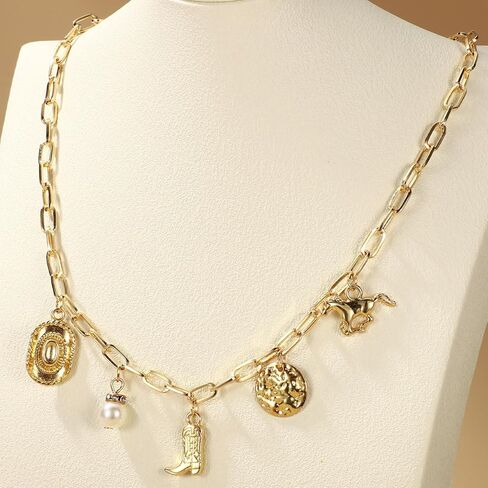 Western Cowboy Necklace & Bracelet Set for Women, Gold Alloy Cowboy Hat Boot Pendant Necklace Trendy Cowgirl Themed Jewelry for Country Concert Western Outfit in Saudi Arabia