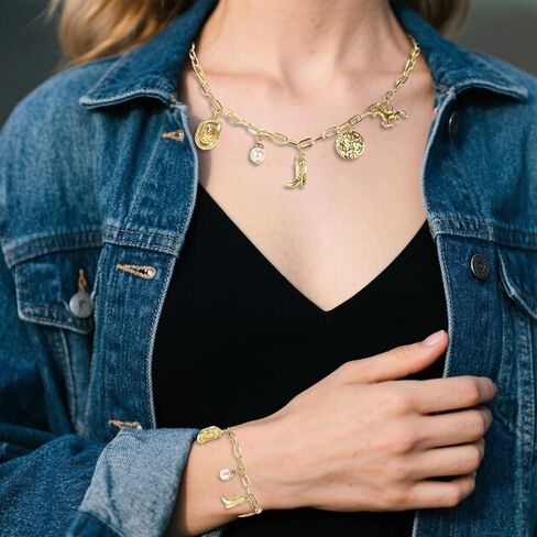 Western Cowboy Necklace & Bracelet Set for Women, Gold Alloy Cowboy Hat Boot Pendant Necklace Trendy Cowgirl Themed Jewelry for Country Concert Western Outfit in Saudi Arabia