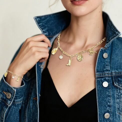 Western Cowboy Necklace & Bracelet Set for Women, Gold Alloy Cowboy Hat Boot Pendant Necklace Trendy Cowgirl Themed Jewelry for Country Concert Western Outfit in Saudi Arabia