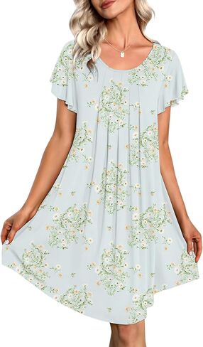 Ekouaer Womens Nightgown Soft Sleepwear Pleated Sleepshirt Sleep Dress Short Sleeve Nightdress S-3XL in Saudi Arabia