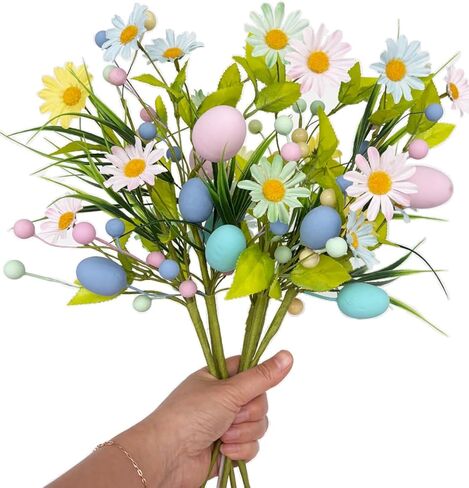 زهور عيد الفصح الاصطناعية مع البيض - 6 قطع من تشكيلة زهور الربيع تتضمن سيقان زهور برية وأقحوان حريرية وتوت ملون لقطعة مركزية لطاولة المنزل، وديكور حفلات عيد الفصح في الأماكن المغلقة والمفتوحة in Kuwait