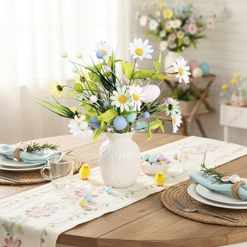 زهور عيد الفصح الاصطناعية مع البيض - 6 قطع من تشكيلة زهور الربيع تتضمن سيقان زهور برية وأقحوان حريرية وتوت ملون لقطعة مركزية لطاولة المنزل، وديكور حفلات عيد الفصح في الأماكن المغلقة والمفتوحة in Kuwait