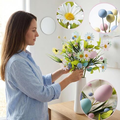 زهور عيد الفصح الاصطناعية مع البيض - 6 قطع من تشكيلة زهور الربيع تتضمن سيقان زهور برية وأقحوان حريرية وتوت ملون لقطعة مركزية لطاولة المنزل، وديكور حفلات عيد الفصح في الأماكن المغلقة والمفتوحة in Kuwait