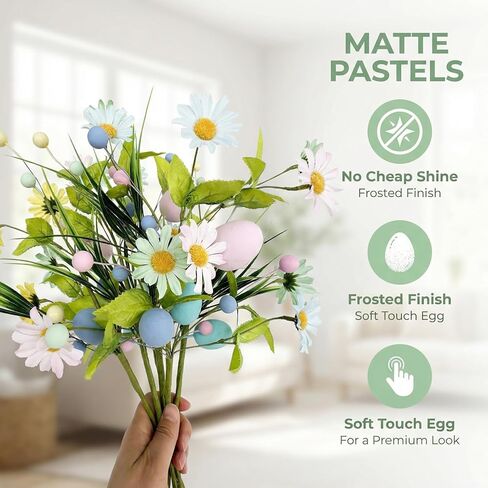 زهور عيد الفصح الاصطناعية مع البيض - 6 قطع من تشكيلة زهور الربيع تتضمن سيقان زهور برية وأقحوان حريرية وتوت ملون لقطعة مركزية لطاولة المنزل، وديكور حفلات عيد الفصح في الأماكن المغلقة والمفتوحة in Kuwait