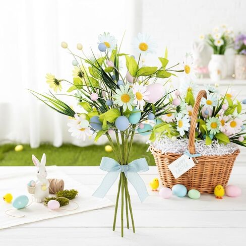 زهور عيد الفصح الاصطناعية مع البيض - 6 قطع من تشكيلة زهور الربيع تتضمن سيقان زهور برية وأقحوان حريرية وتوت ملون لقطعة مركزية لطاولة المنزل، وديكور حفلات عيد الفصح في الأماكن المغلقة والمفتوحة in Kuwait