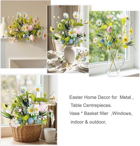 زهور عيد الفصح الاصطناعية مع البيض - 6 قطع من تشكيلة زهور الربيع تتضمن سيقان زهور برية وأقحوان حريرية وتوت ملون لقطعة مركزية لطاولة المنزل، وديكور حفلات عيد الفصح في الأماكن المغلقة والمفتوحة in Kuwait