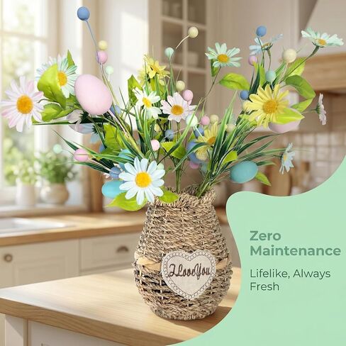 زهور عيد الفصح الاصطناعية مع البيض - 6 قطع من تشكيلة زهور الربيع تتضمن سيقان زهور برية وأقحوان حريرية وتوت ملون لقطعة مركزية لطاولة المنزل، وديكور حفلات عيد الفصح في الأماكن المغلقة والمفتوحة in Kuwait