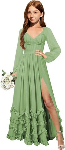 MRHUSH Junior Bridesmaid Dresses Long Sleeve Chiffon Ruffle Flower Girl Dress for Wedding Corset Girls Formal Dress with Slit in Saudi Arabia